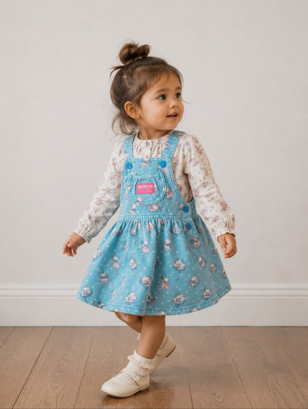Vintage OshKosh B'Gosh Corduroy Jumper Dress 2T Teddy Bear Sleigh Print Made USA